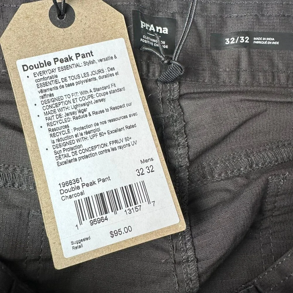 prAna Men's Double Peak‎ Ripstop Tapered Leg Pant, Size W32 x L32, Charcoal